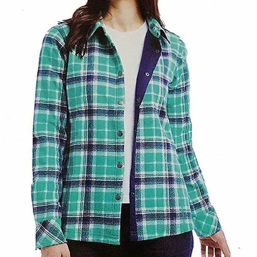Orvis Fleece Lined Plaid Flannel Shirt Jacket Sea Glass Snaps Pockets sz S